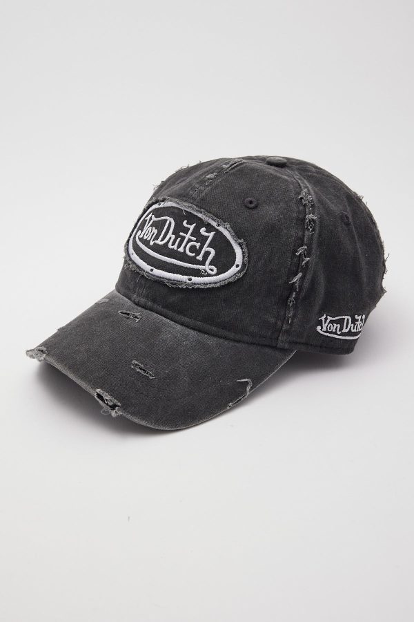 Von Dutch Washed Black Canvas Embroidery Patch Destroyed Wash Cap Black Wash Grey Embro Hot on Sale