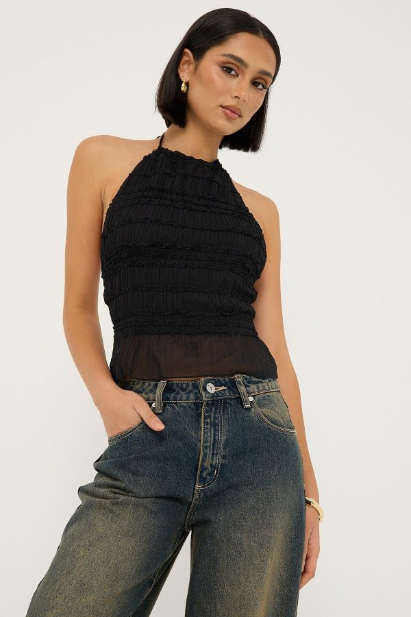 Luck & Trouble Marisole Halter Gathered Tie Top Black Online Sale