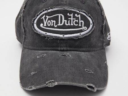 Von Dutch Washed Black Canvas Embroidery Patch Destroyed Wash Cap Black Wash Grey Embro Hot on Sale