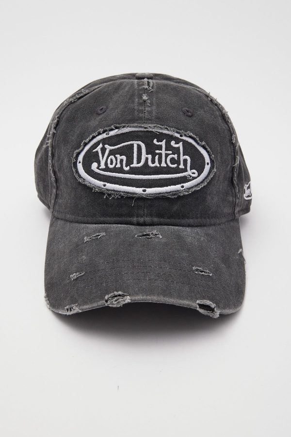 Von Dutch Washed Black Canvas Embroidery Patch Destroyed Wash Cap Black Wash Grey Embro Hot on Sale