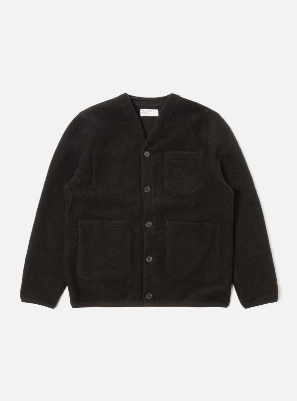 Universal Works Cardigan in Black Wool Fleece Fashion