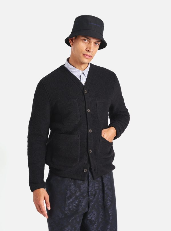 Universal Works Cardigan in Black Wool Fleece Fashion