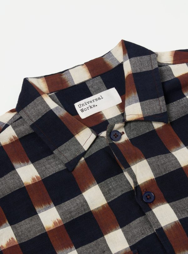 Universal Works L S Utility Shirt in Navy Brown Check Ikat Online