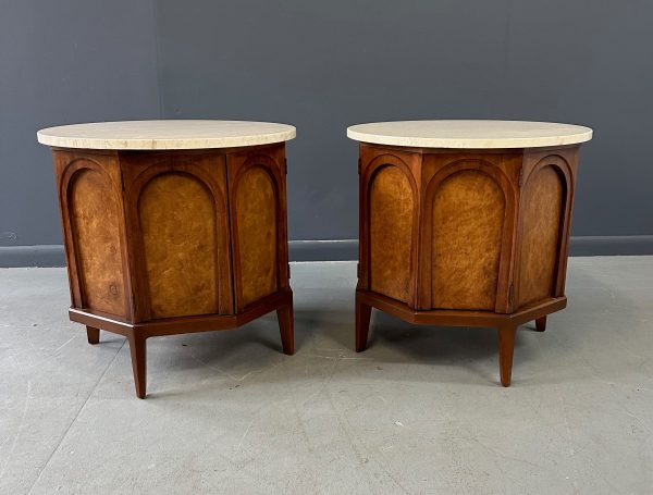 Pair of Thomasville  Arched  Series End Table Nightstands Travertine, Walnut & Olive Burl on Sale