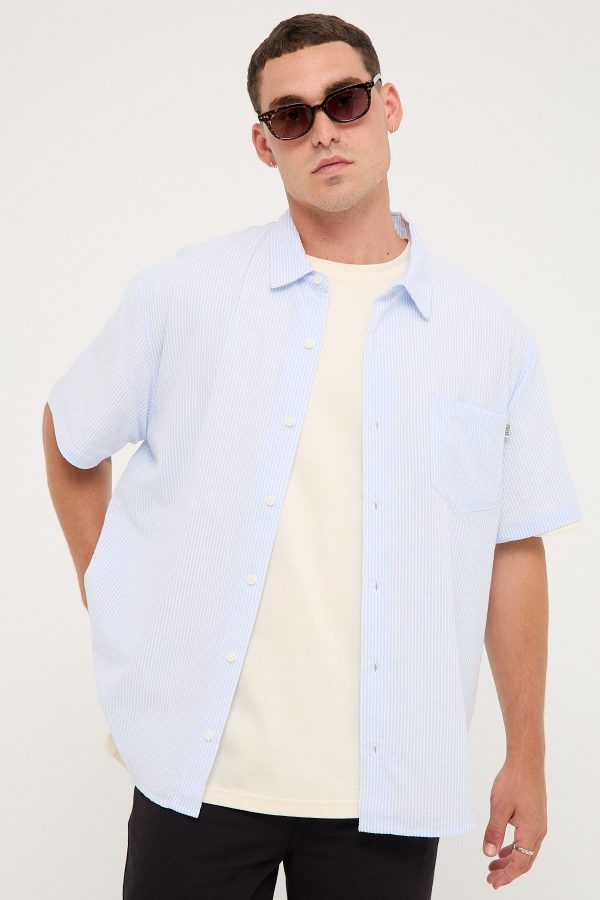 Sdouble Seersucker Summer SS Shirt White Blue Stripe For Cheap