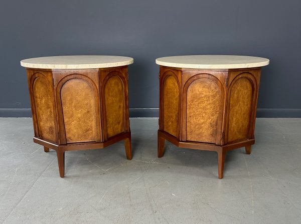 Pair of Thomasville  Arched  Series End Table Nightstands Travertine, Walnut & Olive Burl on Sale