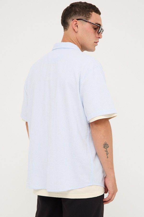 Sdouble Seersucker Summer SS Shirt White Blue Stripe For Cheap