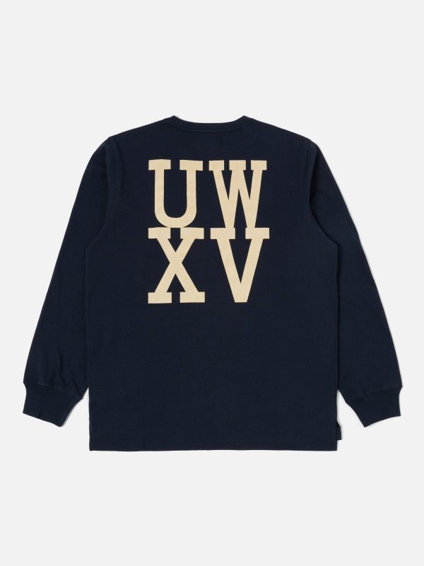 Universal Works XV Tee Shirt in Navy Print Jersey For Sale