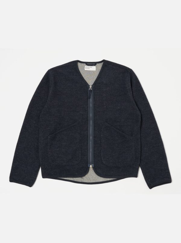 Universal Works Zip Liner Jacket in Navy Soft Wool Cotton Knit Sale