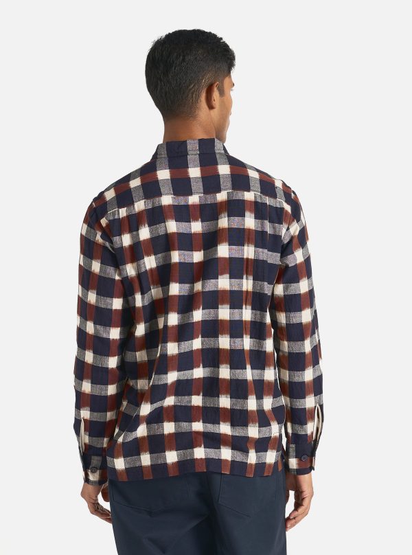 Universal Works L S Utility Shirt in Navy Brown Check Ikat Online