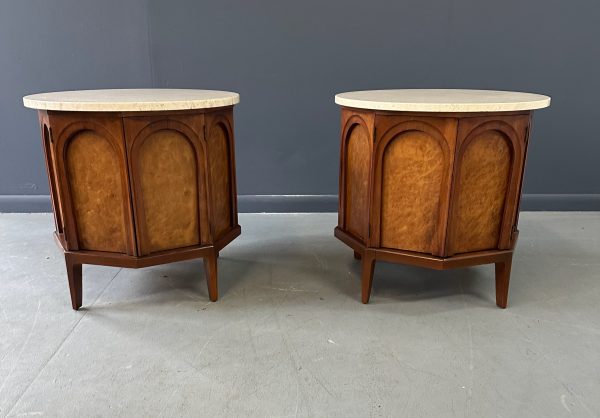 Pair of Thomasville  Arched  Series End Table Nightstands Travertine, Walnut & Olive Burl on Sale