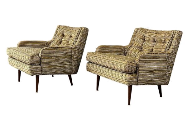 Pair of Mid Century Lounge Chairs with Walnut Legs in Original Beautiful Fabric For Cheap