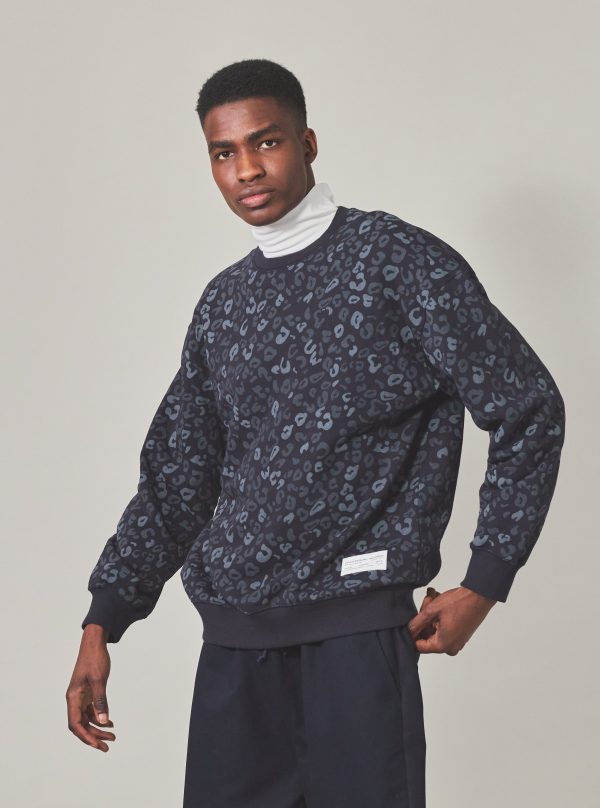 Universal Works Loose Sweatshirt in Navy Leopard Brush Back For Cheap