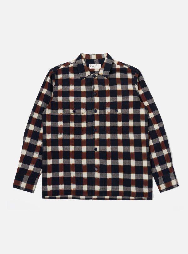 Universal Works L S Utility Shirt in Navy Brown Check Ikat Online