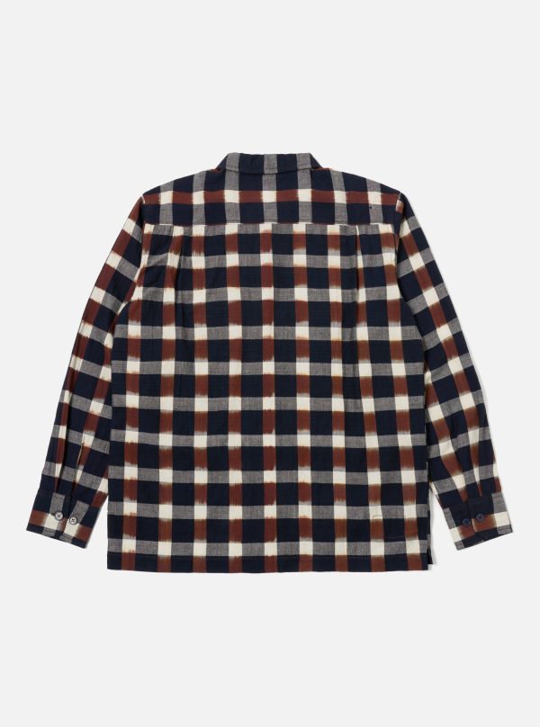 Universal Works L S Utility Shirt in Navy Brown Check Ikat Online