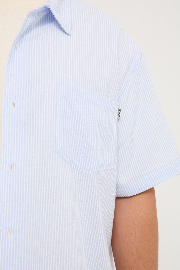 Sdouble Seersucker Summer SS Shirt White Blue Stripe For Cheap