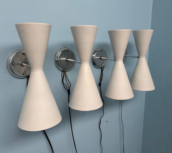 Set of Four Litecraft Mid Century Sconces in White and Chrome with Pinhole Design Cheap