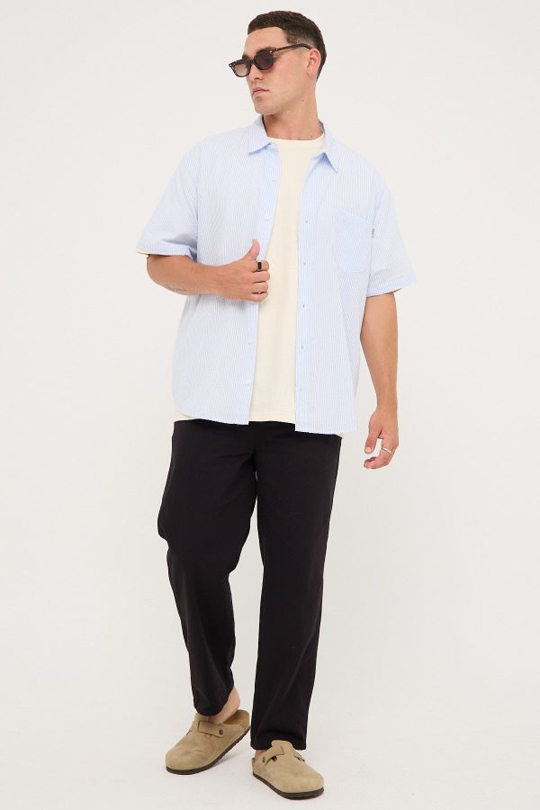 Sdouble Seersucker Summer SS Shirt White Blue Stripe For Cheap