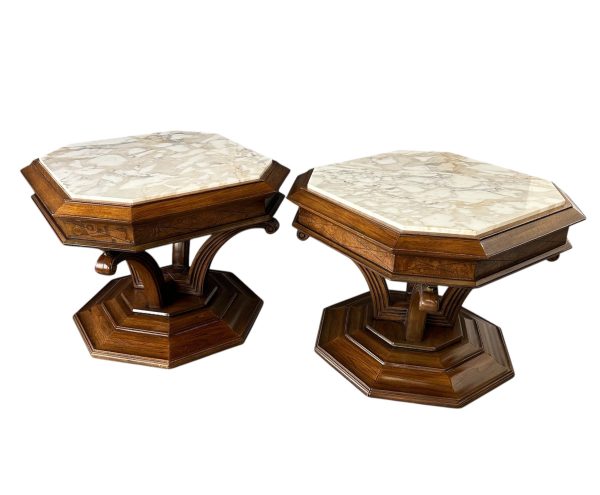 Pair of Hollywood Regency Octagonal Calacatta Marble Side Tables For Sale