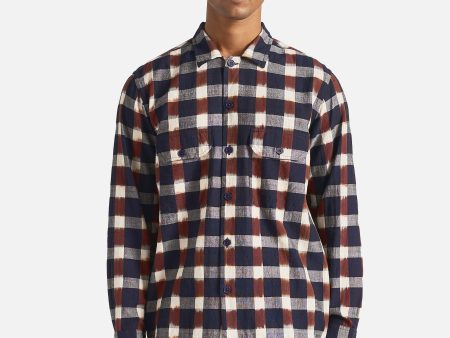 Universal Works L S Utility Shirt in Navy Brown Check Ikat Online