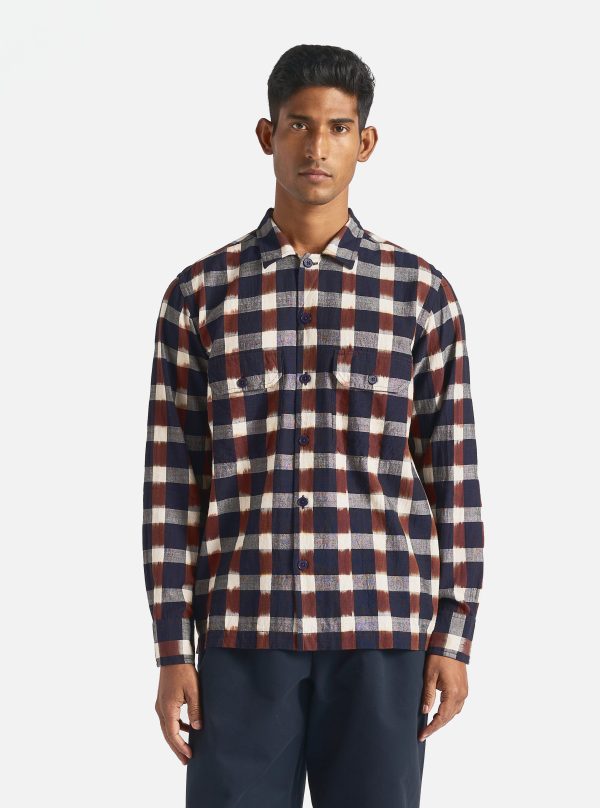 Universal Works L S Utility Shirt in Navy Brown Check Ikat Online