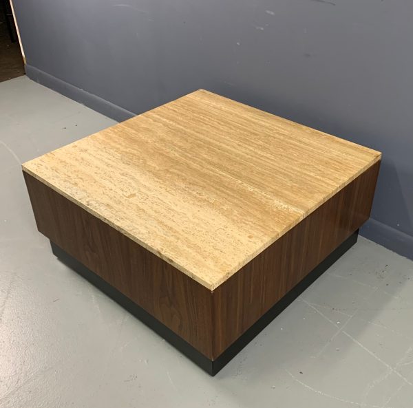 Travertine and Walnut Mid-Century Coffee Table on a Black Plinth Base Supply