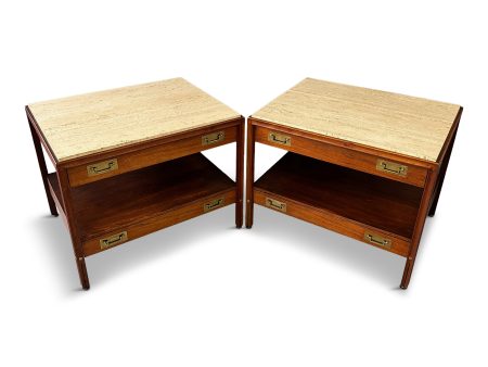 Pair of Walnut and Travertine Nightstands with Brass Accents and Rosewood Trim Online Sale