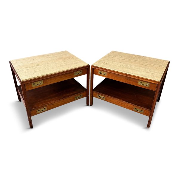 Pair of Walnut and Travertine Nightstands with Brass Accents and Rosewood Trim Online Sale