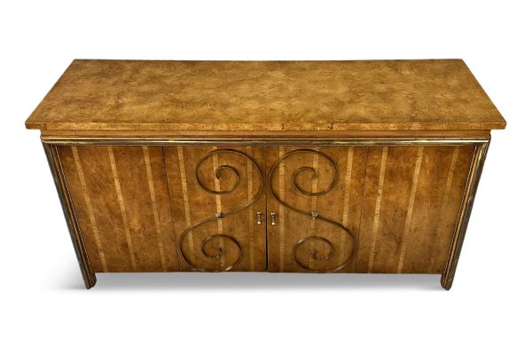 1950s Neoclassical Revival Sideboard in Pecan and Burl with Brass Scroll Details For Cheap