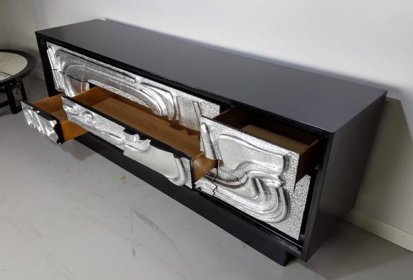 Sculptural Ebonized Credenza with Silver Leafed Front For Sale