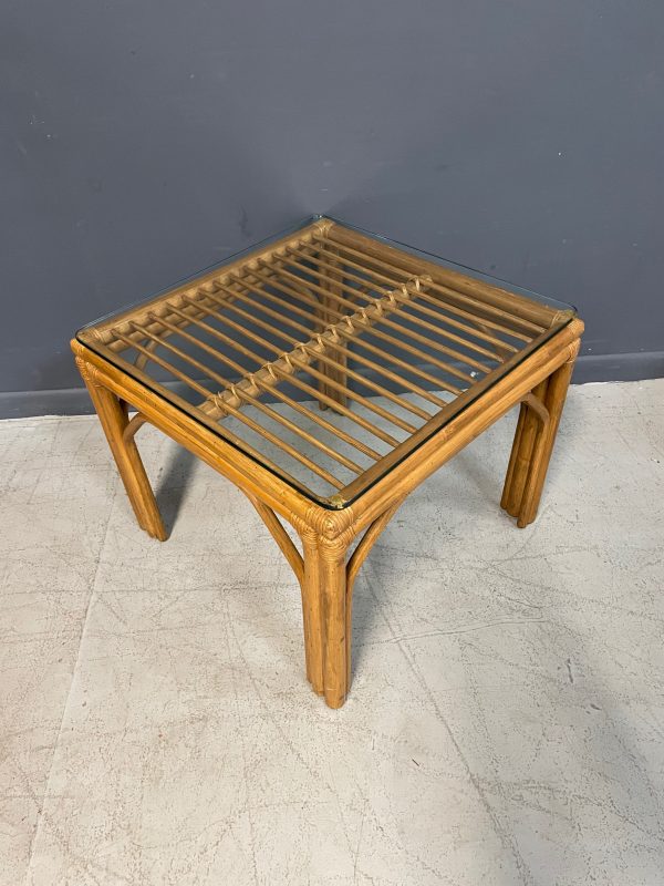 Pair of Square Bamboo Side or End Tables with Glass Tops Mid Century Cheap