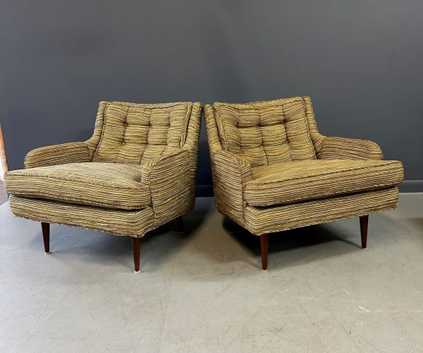 Pair of Mid Century Lounge Chairs with Walnut Legs in Original Beautiful Fabric For Cheap