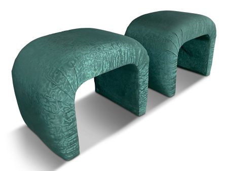 1980s Waterfall Benches in a Green Moire Fabric in the Style of Karl Springer Cheap