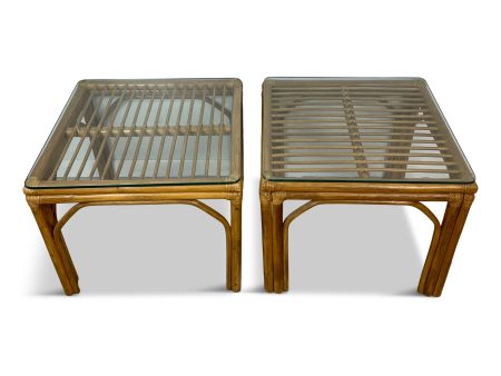 Pair of Square Bamboo Side or End Tables with Glass Tops Mid Century Cheap