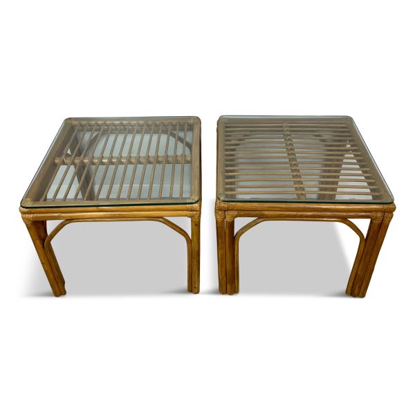 Pair of Square Bamboo Side or End Tables with Glass Tops Mid Century Cheap