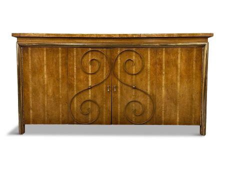 1950s Neoclassical Revival Sideboard in Pecan and Burl with Brass Scroll Details For Cheap