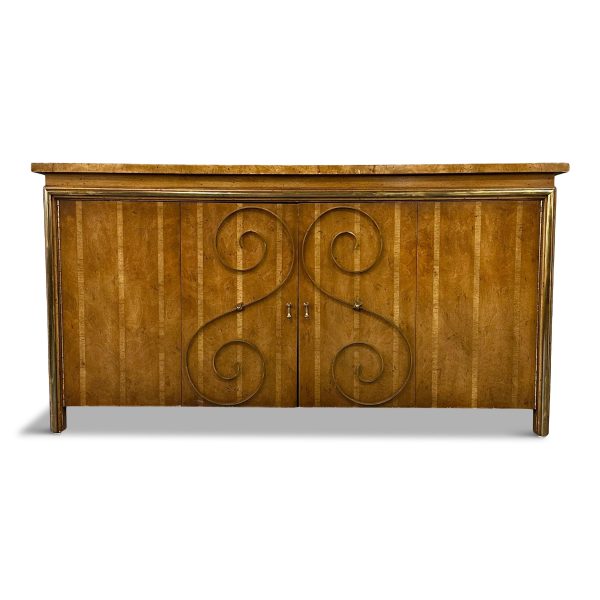 1950s Neoclassical Revival Sideboard in Pecan and Burl with Brass Scroll Details For Cheap