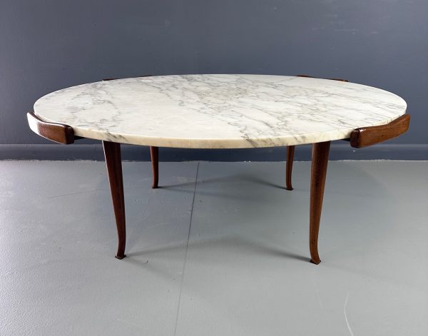 Erno Fabry Coffee Table in Carrara Marble and a Walnut Base with Curvacrous Legs Hot on Sale