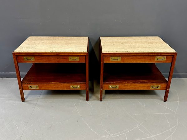 Pair of Walnut and Travertine Nightstands with Brass Accents and Rosewood Trim Online Sale