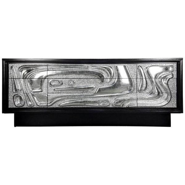 Sculptural Ebonized Credenza with Silver Leafed Front For Sale