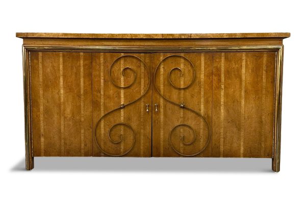 1950s Neoclassical Revival Sideboard in Pecan and Burl with Brass Scroll Details For Cheap