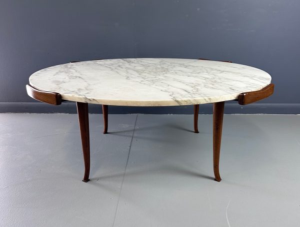 Erno Fabry Coffee Table in Carrara Marble and a Walnut Base with Curvacrous Legs Hot on Sale