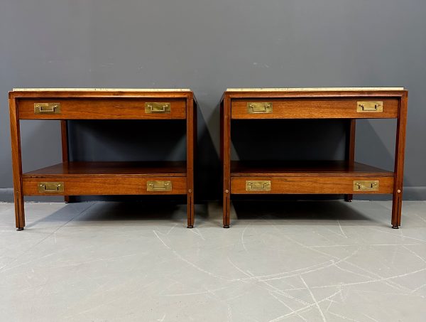 Pair of Walnut and Travertine Nightstands with Brass Accents and Rosewood Trim Online Sale