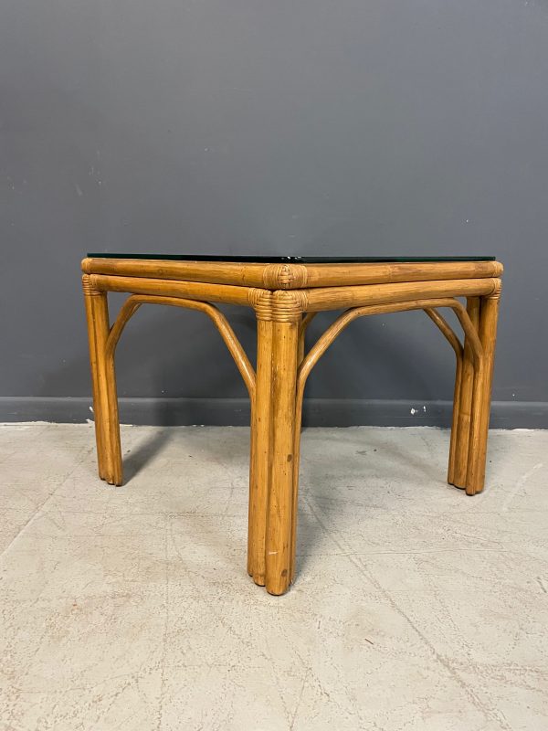 Pair of Square Bamboo Side or End Tables with Glass Tops Mid Century Cheap