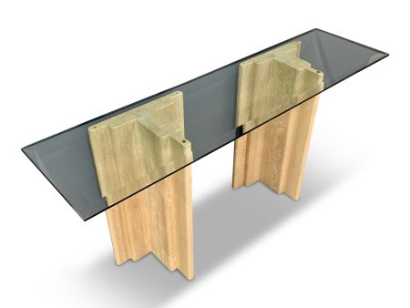 Midcentury Italian Travertine and Glass Console Table Online Hot Sale