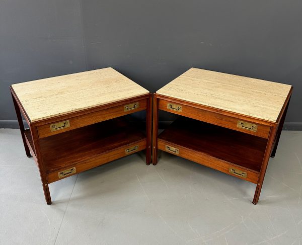 Pair of Walnut and Travertine Nightstands with Brass Accents and Rosewood Trim Online Sale