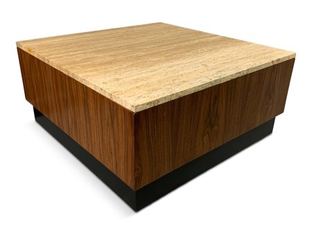 Travertine and Walnut Mid-Century Coffee Table on a Black Plinth Base Supply